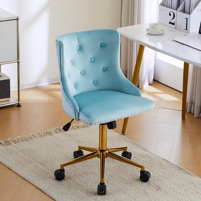 VINGLI Light Blue Armless Home Office Desk Chair with Gold Base/Wheels, Small Cute Vanity/Makeup Chair with Back for Bedroom, Upholstered Adjustable Rolling Swivel Nail Chair for Women/Girls