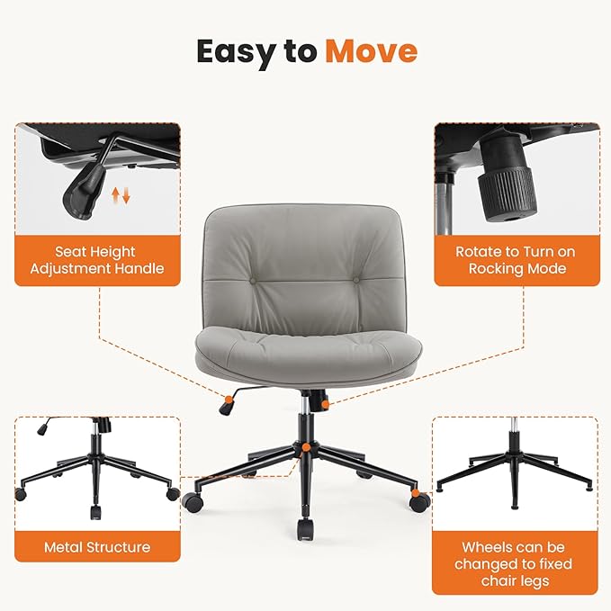Sweetcrispy Armless-Office Desk Chair with Wheels, Cross Legged Wide Chair, PU Leather Comfortable Adjustable Swivel Computer Task Chairs for Home,Office,Make Up,Small Space,Bed Room Grey