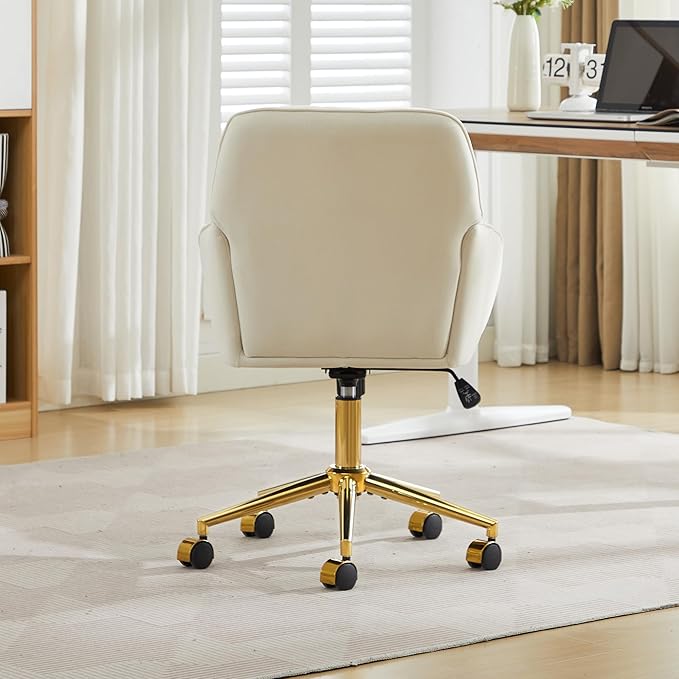 YITAI Velvet Office Desk Chair with Wheels and Gold Base,Modern Height Adjustable 360 Degree Swivel Upholstered Vanity Chairs with Arms for Living Room Bedroom, Study,Cream