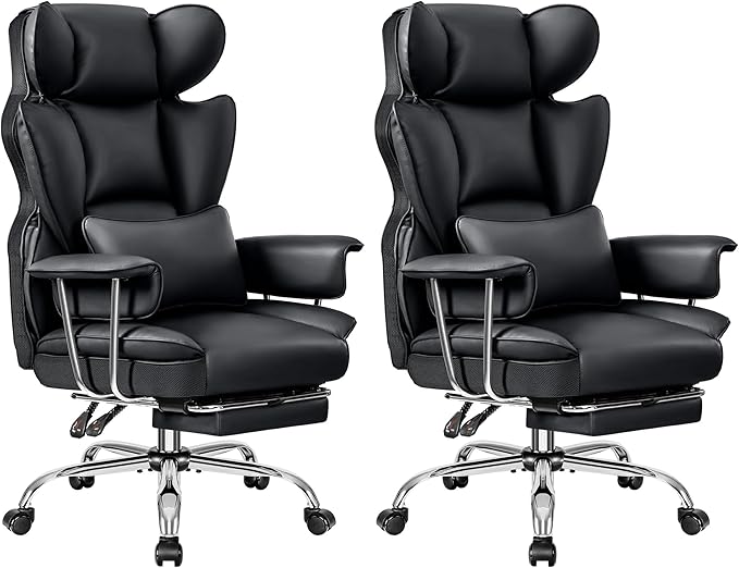 Big and Tall Ergonomic Office Chair with Footrest, High Back Executive Leather Office Chair, Reclining Computer Desk Chair, Comfy Heavy Duty Home Gaming Chair with Padded Arm, Black-2 Pack