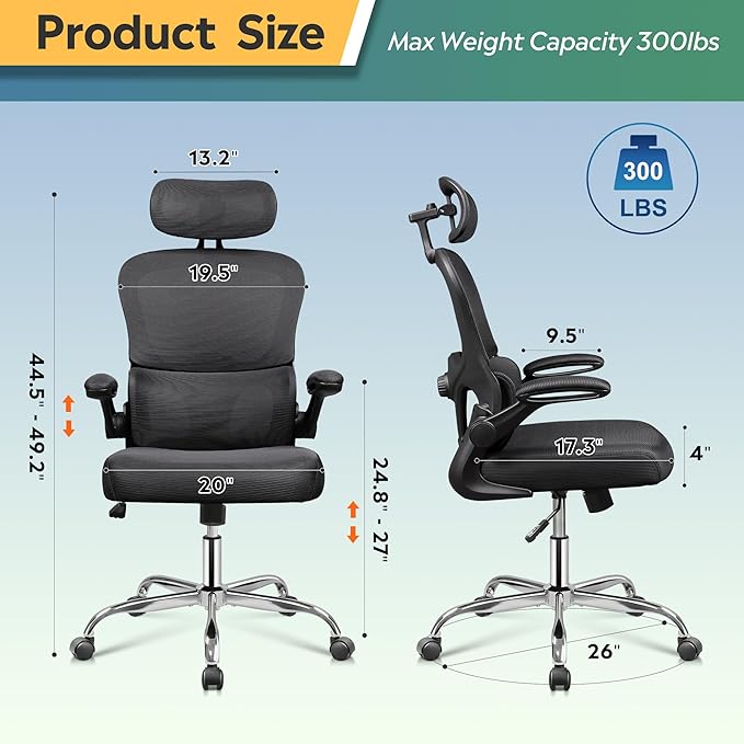 DEVAISE Ergonomic Mesh Desk Chair, Separated-Adjustable Lumbar Support，Large Cushion, Flip-up Armrests, 90-125° Rocking Tilt, for Home Office Computer Gaming, Black