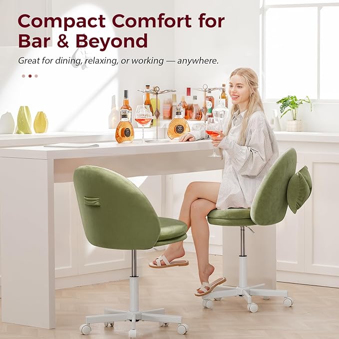 GTPLAYER Velvet Tall Office Chair with Wheels Vanity Chairs with Back, Versatile Height Use: Office to Bar Stools Small Ergonomic Comfy Armlees Computer Desk Chair with Bow Lumbar Pillow for Gift