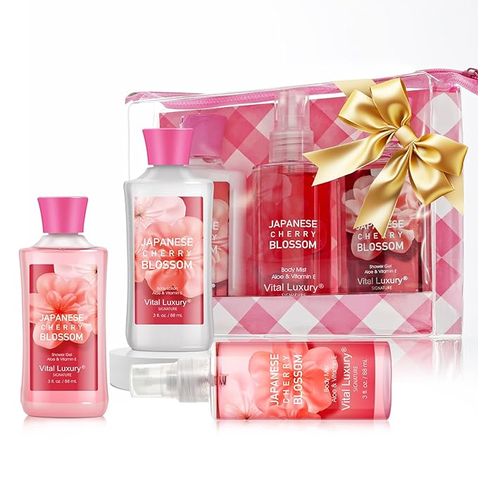 Bath and Body Gift Set – Japanese Cherry Blossom, Travel-Size Spa Kit with Gel, Lotion, Mist & Natural Extracts, Ideal for Birthday, Mother's Day & Christmas Gifts