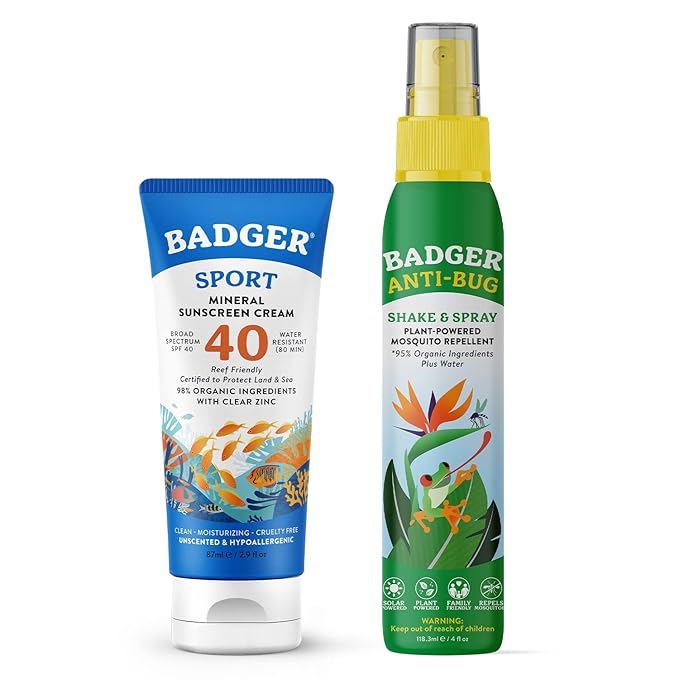 Badger Mineral Sunscreen & Bug Spray Combo - SPF 40 Reef Safe Sport Sunscreen w/Zinc Oxide & DEET-Free Natural Insect Repellent
