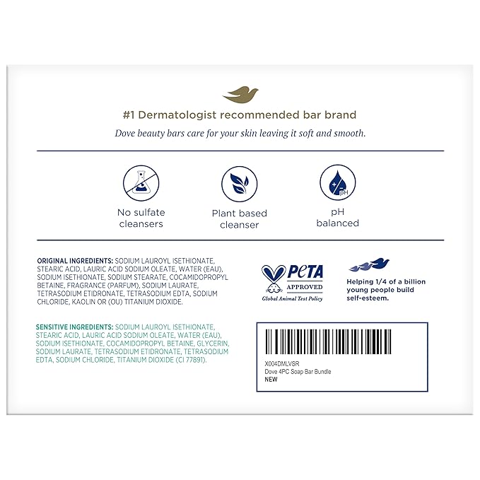 Dove Beauty Bar Soap Variety 8-Pack – Sensitive Skin, Fragrance-Free + Original, with Moisturizing Cream, 2.6 Oz Ea