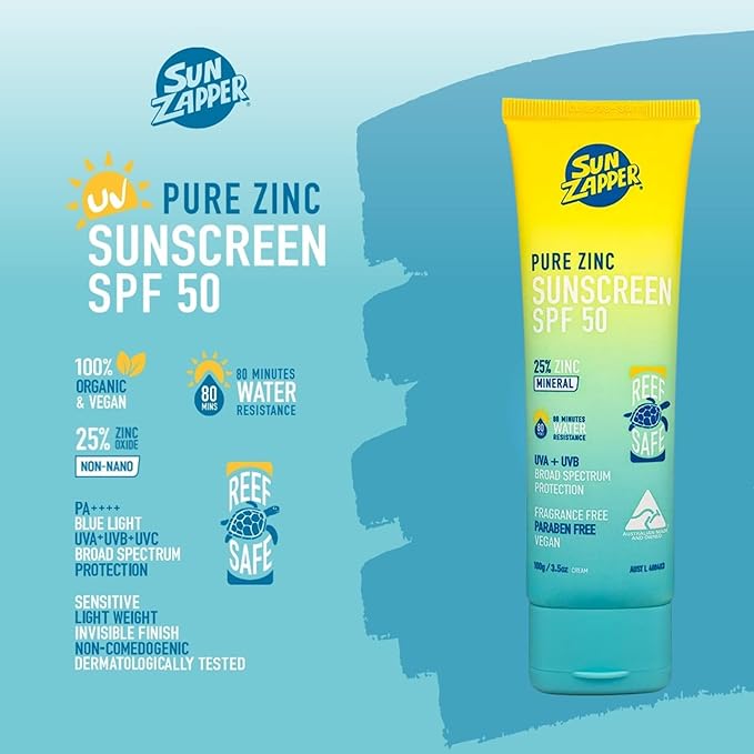 Sun Zapper Pure Zinc Sunscreen SPF 50 – Organic Mineral Sunscreen for Face and Body, 25% Non-Nano Zinc Oxide, Reef Safe, Water Resistant, Broad Spectrum, Vegan, 100g (3.5 oz) Tube, Australian Made