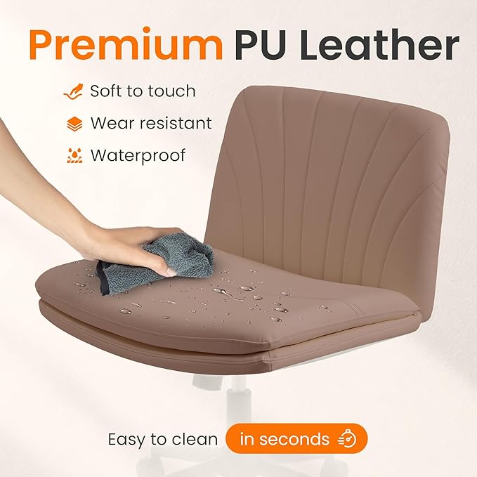 NEO Chair Criss Cross Chair with Wheels Armless Cross Legged Office Desk Wide Comfy Vanity Makeup Chair Adjustable Swivel Rolling Computer for Home Office PU Leather (Brown)