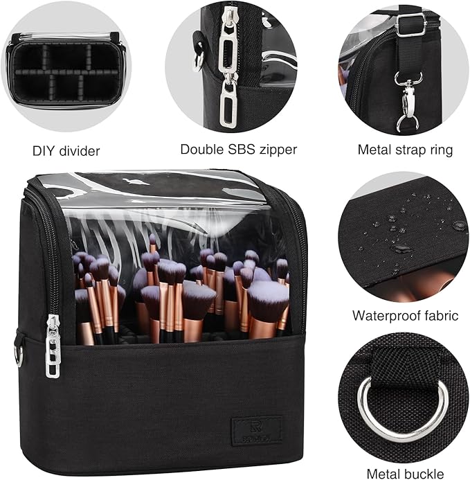 Makeup Brush Bag, Makeup Brush Holder Travel Stand-up Makeup Cup Large Makeup Brush Organizer Case Professional Cosmetic Bag Artist Storage Bag with Adjustable Divider (Large, Black)