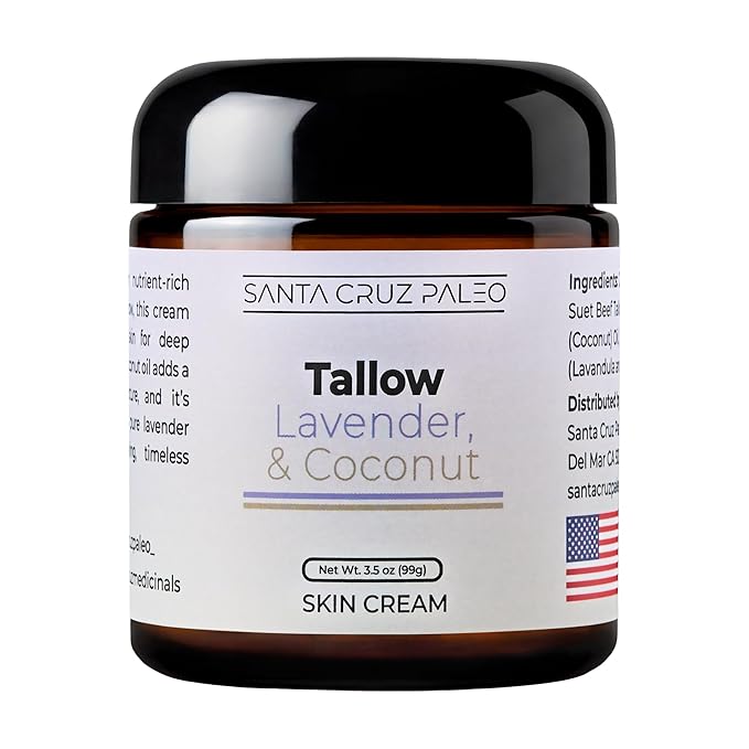Santa Cruz Paleo, Suet Beef Tallow, Lavendar & Coconut Moisturizer, Organic, Grassfed Beef Tallow Skin Care, Non-Comedogenic Face & Body Moisturizer for Sensitive Skin, Lavendar & Coconut, 3.5 Oz