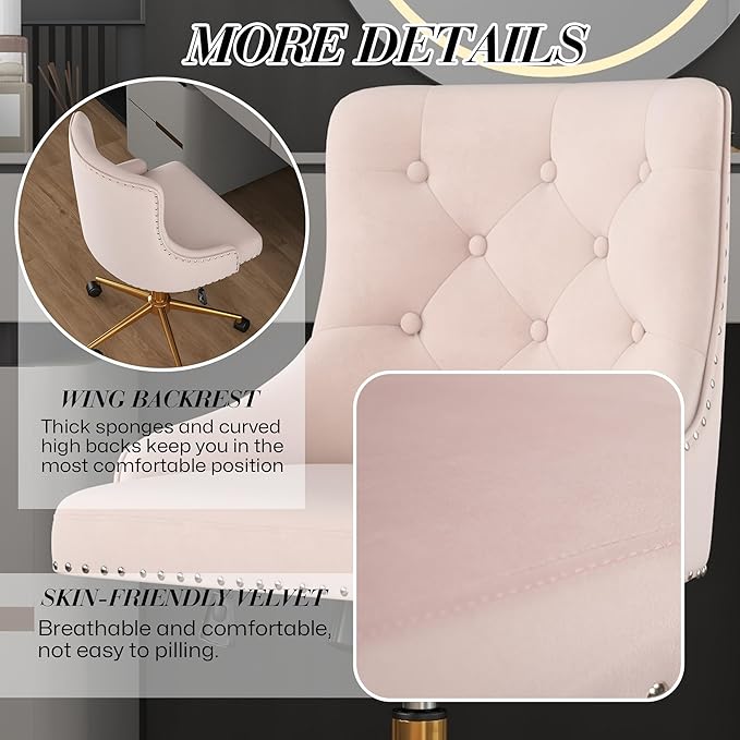 Velvet Armless Home Office Desk Chair, Swivel Height-Adjustable Small Cute Vanity Chair for Women/Girls, Comfy Makeup Chair with Rivet and Gold Base for Living Room, Bedroom(Light Pink)