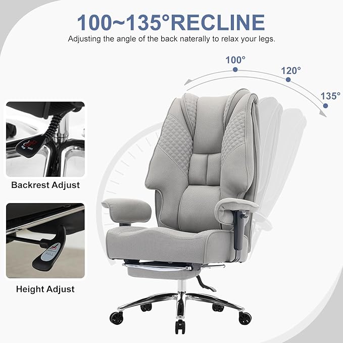 Big and Tall Office Chair 400lbs Wide Seat, Leather High Back Executive Office Chair with Foot Rest, Ergonomic Chairs Lumbar Support for Lower Back Pain Relief (Mesh Dove Grey)