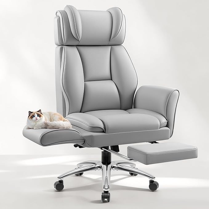 Big and Tall Office Chair, Flip Armrests for Pets & Cross Legged Sitting, Ergonomic Leather Executive Desk Chair with Foot Rest, High-Back Reclining Computer Chairs for Office Home Game - Grey