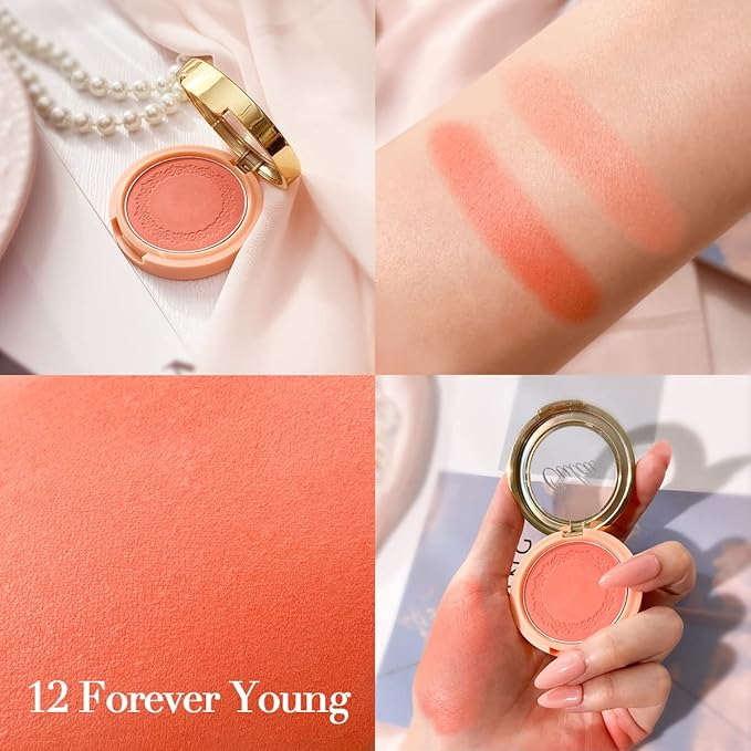 Oulac Blush Face Coral Matte | Pigmented Powdery Cream Blusher Warm Skin Light Medium| Natural Matte | Light Weight&Blendable| Cruelty-Free Blush| 12 Forever Young 4.8g