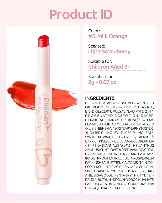 RUNBEN Kids Tinted Lip Balm, Milk Orange Lips Gloss, 24H Moisturizing, Safe & Non-toxic Lipstick for Teen Girls, Birthday Makeup Gift for Daughter