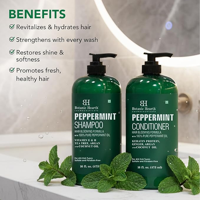 Botanic Hearth Peppermint Oil Shampoo And Conditioner Set | Hair Blooming Formula With Keratin | Fights Hair Loss | Sulfate Free For Men And Women | 16 Fl Oz X 2