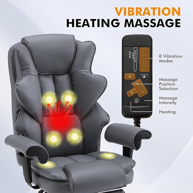 HOMREST 6-Point Massage Executive Chair, Ergonomic Heated Office Chair with Adjustable Backrest and Armrest, Home Office Desk Chairs with Retractable Footrest(‌SlateGray‌)