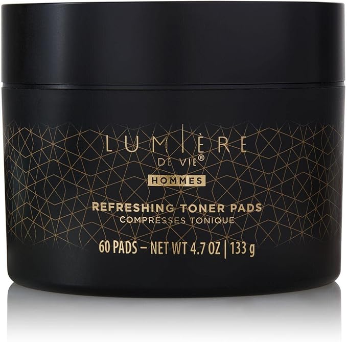 Lumière de Vie® Hommes Refreshing Toner Pads - Exfoliating & Moisturizing, Smooths Complexion, Maintains Elasticity, Paraben-Free, with Witch Hazel, Hyaluronic Acid & AHA, Single Jar (60 Pads)