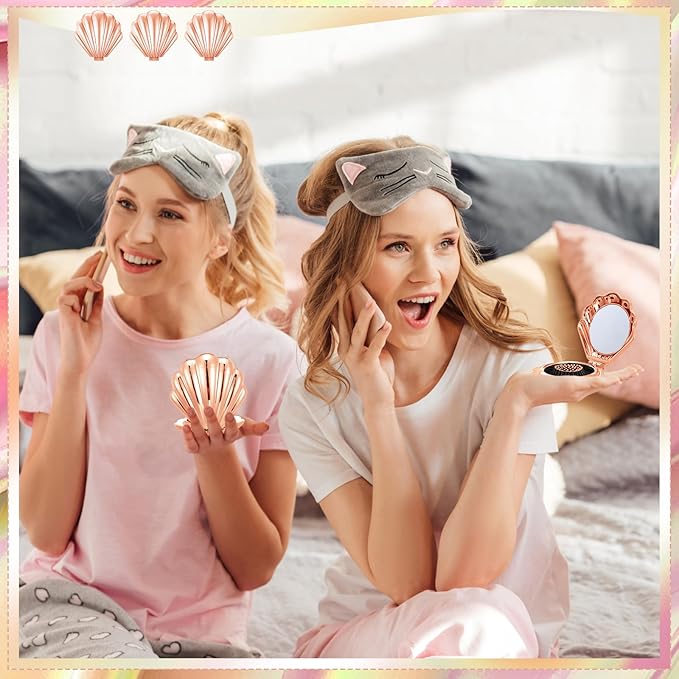 Meanplan 12 Pcs Mermaid Party Favors Shell Hair Brush with Mirror Foldable Mini Travel Pocket Hair Brush Compact Makeup Comb for Women Girls Valentines Day Birthday Gifts(Rose Gold)