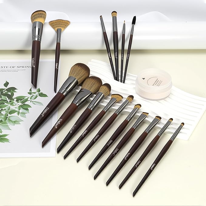 15-Pcs Tri-Color Layered Bristles Makeup Brush Set with Ergonomic Wood Handle- Daily Essential Cosmetic Brushes Kit for Professional Foundation, Concealer, Eyeshadow, Powder Blush
