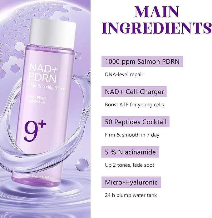 NAD+PDRN Glow Brightening Toner | No.9 Brightening Toner | Firming Skin,Anti Wrinkle,Soothing Moisturizing | Firming Skincare Products | 4.06FL OZ | 1PCS.