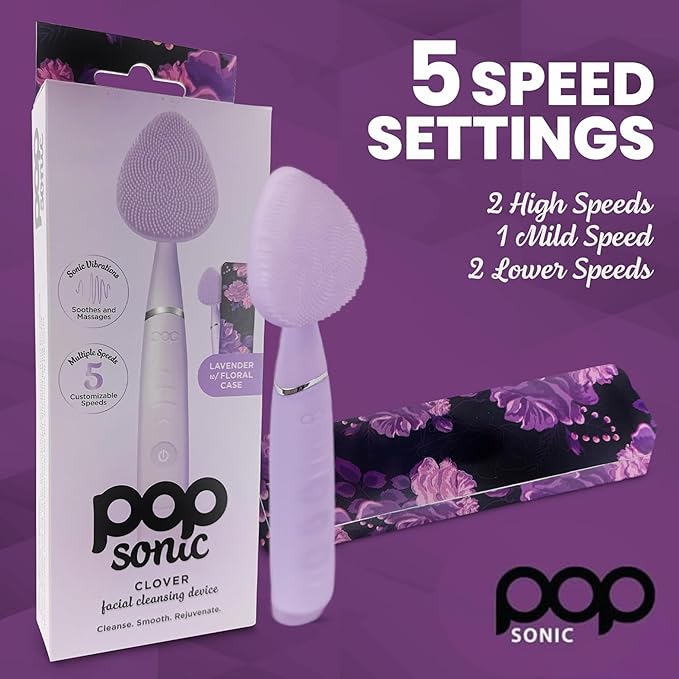 Clover Facial Cleansing Device Lavender Silicone Facial Cleaner & Exfoliator w/ 8000 Vibrations Per Minute, 5 Speeds, USB Rechargeable Face Cleaning Scrubber & Skincare Tool with Case