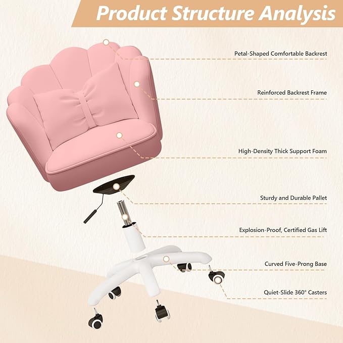Home Office Desk Chair Swivel Rolling Vanity Chair with Silent Wheels and Comfortable Back, Adjustable Height Upholstered Computer Task Chair for Makeup, Bedroom