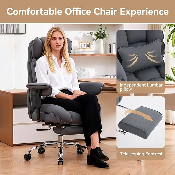 Efomao Big and Tall Office Chair with Footrest - Breathable Mesh Executive Chair, Heavy Duty Computer Desk Chair for Home Office, Ergonomic Lumbar Support & Reclining Mesh Gaming Chair, Bluegrey