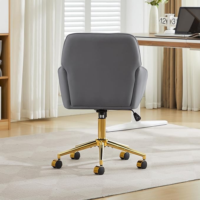 Velvet Home Office Desk Chair, Modern Cute Computer Task Chair with Back, Height Adjustable Upholstered Vanity Chair with Swivel Wheels for Women, Girls (Gold Base, Gray