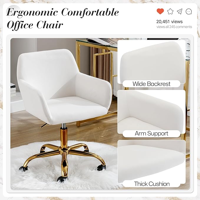 Faux Fur 360°Swivel Desk Chair, Height Adjustable Home Office Armchair with Golden Base for Teens Women Girls, Upholstery Computer Chair for Home Studios, Velvet & White