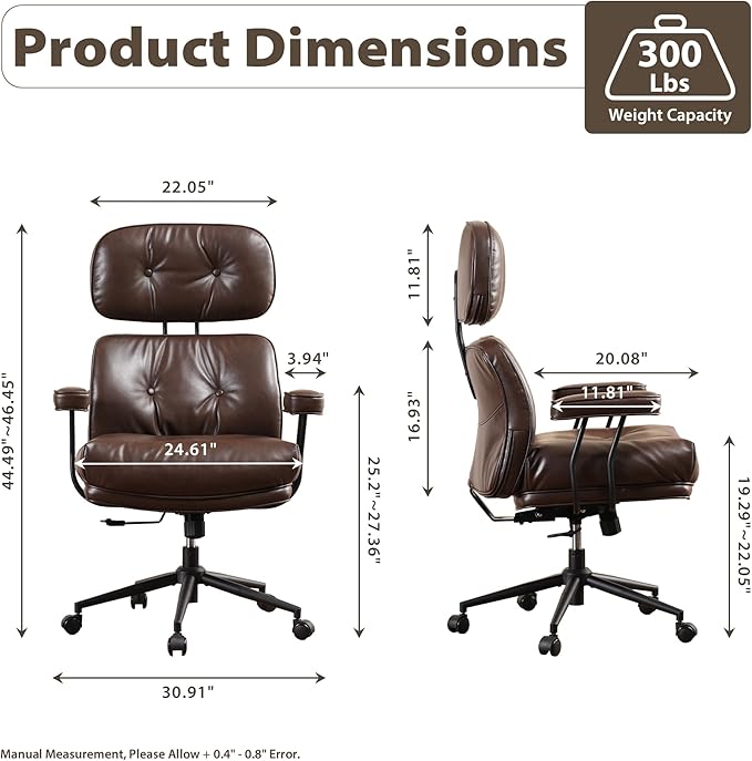 HOOOWOOO Mid Century Modern Ergonomic Office Chair, Comfy Executive Chair with Extra Wide Tufted Cloudy Seat, Lumbar Support, High Reclining Back, PU Leather Dark Brown