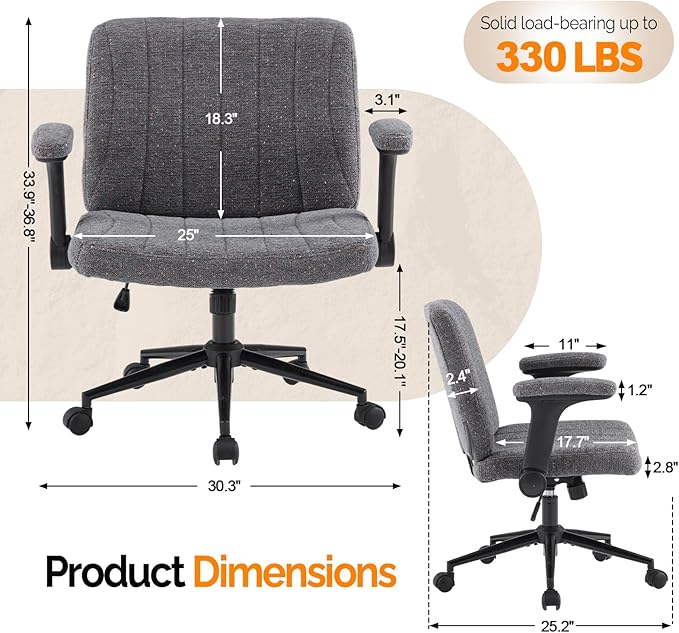 VINGLI Criss Cross Chair with Adjustable Flip-Up Arms,Cross Legged Chair with Wheels,Extra Wide Office Chair,Desk Chair for Home Office,Vanity,Bedroom, Apartment,Starry Chenille,Dark Grey