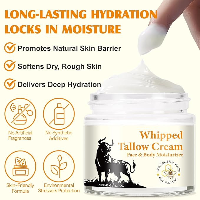 Beef Tallow for Skin, Beef Tallow and Honey Balm for Skin & Face Deeply Nourishing Face Body Moisturizer, for Dry Care & Anti-Aging- 60g