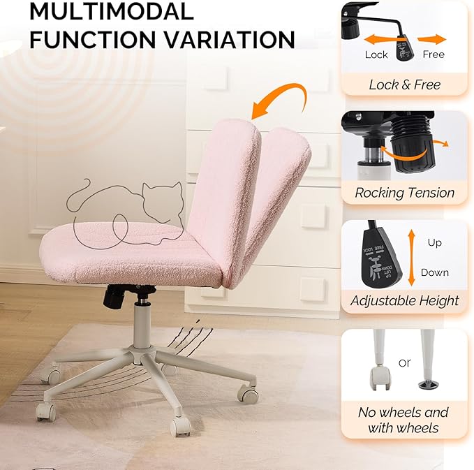 VINGLI Criss Cross Legged Chair,Wide Comfy Office Desk Chair,Dual-Use with/no Wheels Computer Task Chair,Swivel Armless Vanity Boucle Chair for Study,Make Up,Home Office,Teddy Fleece,Pink