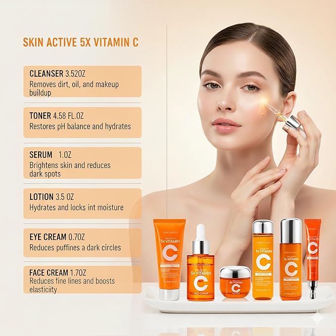 Vitamin C Skincare Set for Women – 6-Piece Hydrating Face Care Kit, Anti-Aging Routine & Moisturizing Skincare Gift Set for All Skin