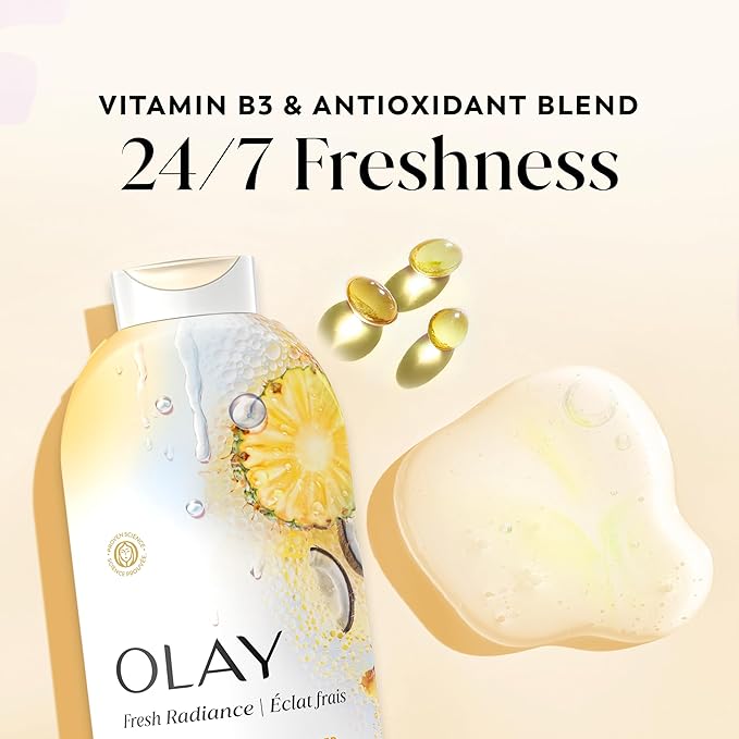Olay Body Wash for Women, Fresh Radiance, 24/7 Skin-Loving Freshness, Visibly Radiant, Plant Based Cleansers, Vitamin B3 & Antioxidant Blend, All Skin Types, Pineapple & Coconut Water Scent, 22 fl oz
