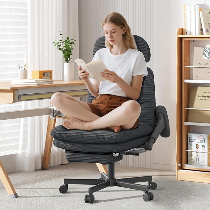 Criss Cross Chair with Flip-up Arms, Executive Office Chair with Foot Rest, Swivel Cross Legged Office Chair with Lumbar Pillow&Headrest, Corduroy Comfy Computer Desk Chair for Home, Black