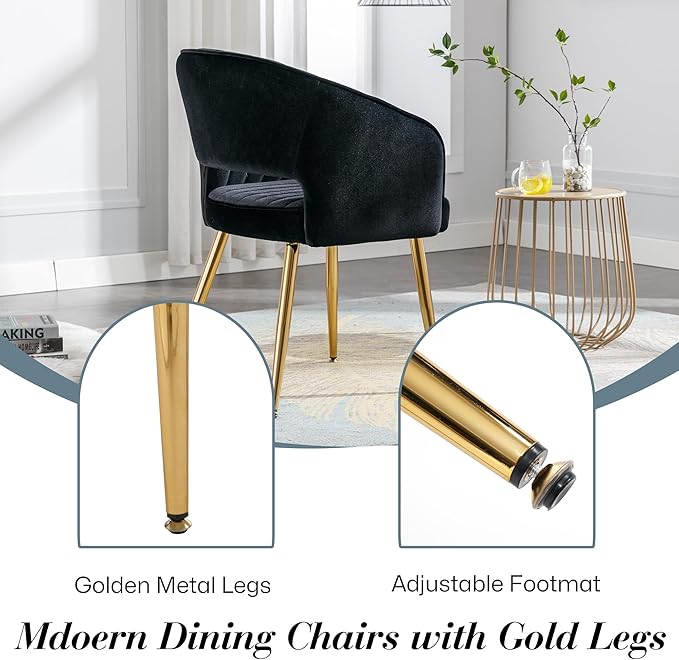 Modern Velvet Vanity Chair, Home Office Desk Chair with Hollow Back, Upholstered Dining Chair with Gold Metal Legs, Comfy Accent Armchair for Living Room Bedroom, Black