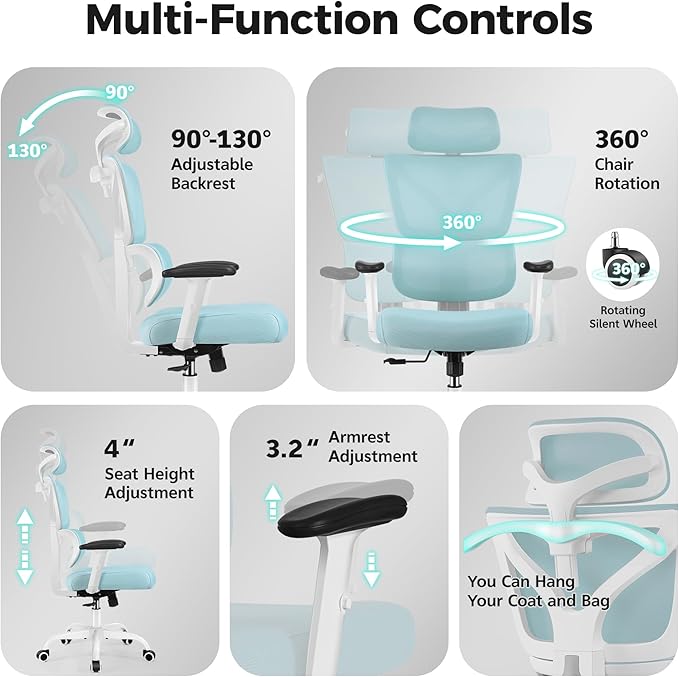 Ergonomic Office Chair High Back Desk Chair with Lumbar Support, Breathable Mesh Computer Chair with Adjustable Armrests Height, Reclining Swivel Big and Tall Gaming Chair for Home Office(Light Blue)