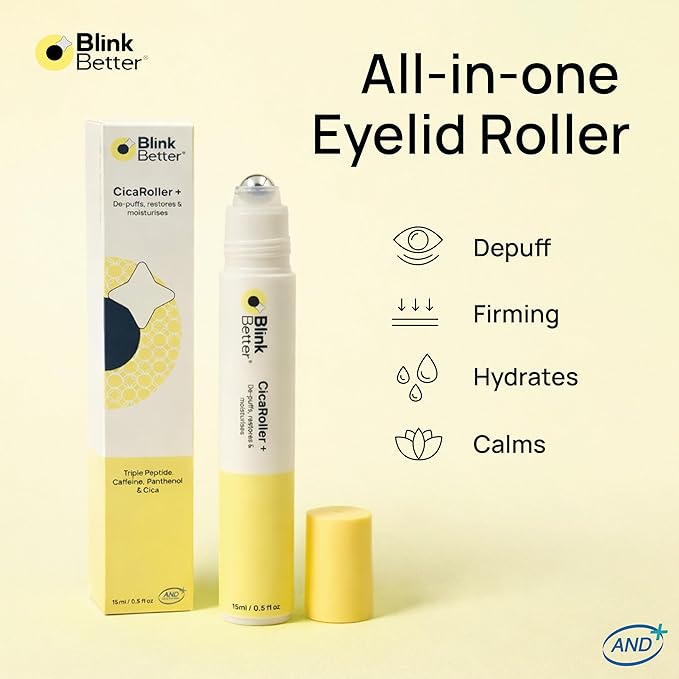 CicaRoller+ Depuffing Eye Roller Serum for Eyelids and Under Eyes – Cooling Rollerball with 2.5% Caffeine, Peptides, Cica & Panthenol, Hydrates, Soothes and Smooths Puffy Eyes, 15 ml