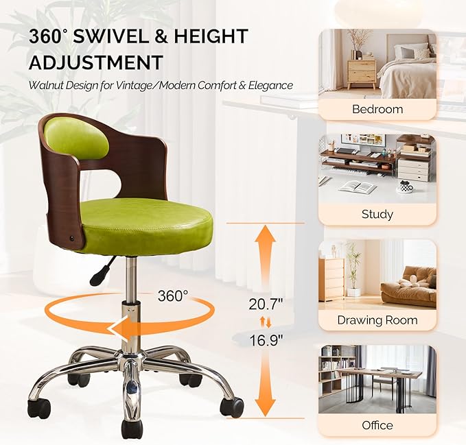 VINGLI Armless Home Office Desk Chair, Adjustable Swivel Chair,Dual-Use with/no Wheels,Small Retro Designed Walnut Curved Task Chair,Cushioned Nail Tech Chair for Study Area,Workspace,PU,Grass Green