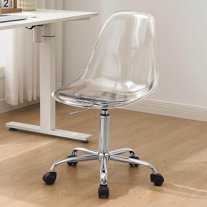 Lessmore Clear Acrylic Desk Chair, Modern Small Acrylic Home Office Chairs with Wheels, Armless Swivel Vanity Rolling Chair for Office, Home (Silver)