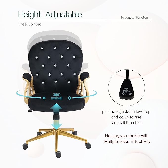 Velvet Home Office Desk Chair Comfy with Gold Base, Comfortable Swivel Makeup Chairs for Vanity with Back and Wheels, Button Tufted Armchair Rolling Chair for Girls Women Study Bedroom, Black