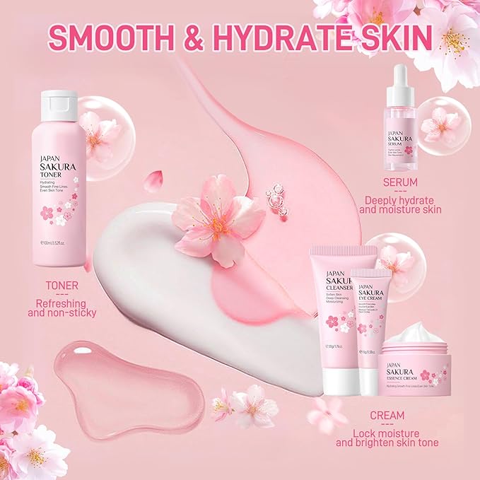 Sakura Skincare Set, Cherry Blossom Skin Care Sets & Kits, Skin Care for Girls 10-12, Including Cleanser, Toner, Serum, Eye Cream, Facial Cream, Travel Size Skincare Set for Women Girls