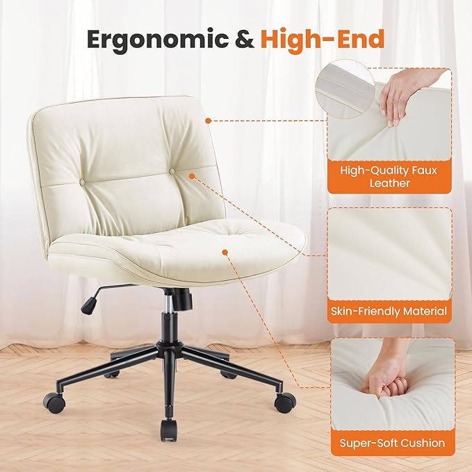 Sweetcrispy Armless-Office Desk Chair with Wheels, Cross Legged Wide Chair, PU Leather Comfortable Adjustable Swivel Computer Task Chairs for Home,Office,Make Up,Small Space,Bed Room Light Beige