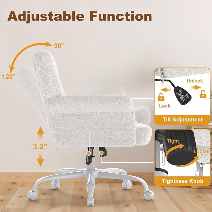 Comfy Home Office Desk Chair, Upholstered Fuzzy Vanity Chair with Wheels and Arms, Modern Adjustable Swivel Computer Seat for Make Up, Home Office, Living Room, Bedroom, Teddy Fleece, White