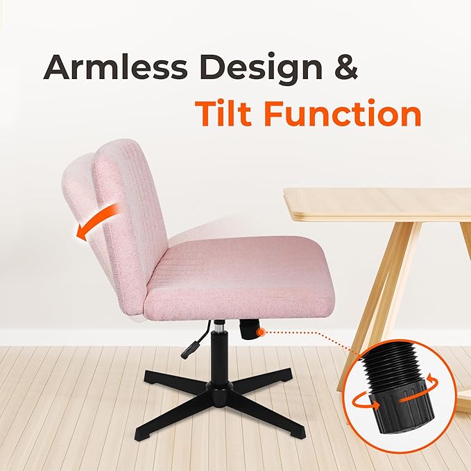 NEO Chair Criss Cross Chair No Wheels Armless Cross Legged Office Desk Wide Comfy Vanity Makeup Chair Adjustable Computer Task for Home Office Fabric (Pink)