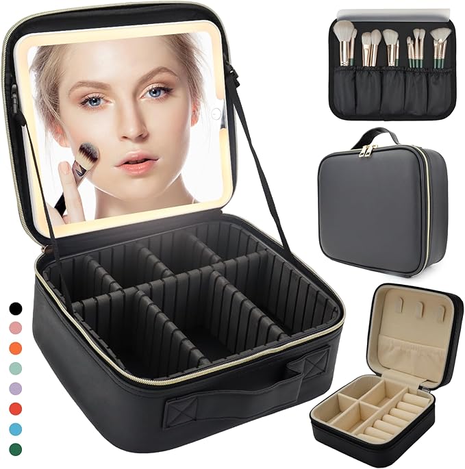 Makeup Bag with Mirror,with Mirror 3 Color Setting and Jewelry Box Large Vanity Makeup Cases,Portable Storage and Adjustable Dividers, for Women and Makeup Artists-Black