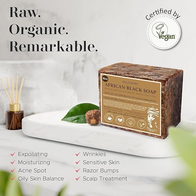 era of nature Best Raw ORGANIC AFRICAN BLACK SOAP, for Dry Skin and Skin Conditions. Pure & Natural Ingredients, Imported From Ghana - 8oz