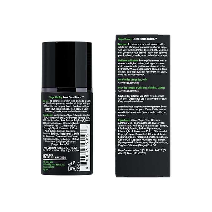 Tiege Hanley Look Good Tanning Drops for Men, Daily Tinted Face Moisturizer Mix-In with Hyaluronic Acid for Hydration, Natural Tan Finish and Antioxidant Support, Men’s Skin Care, 20 ML