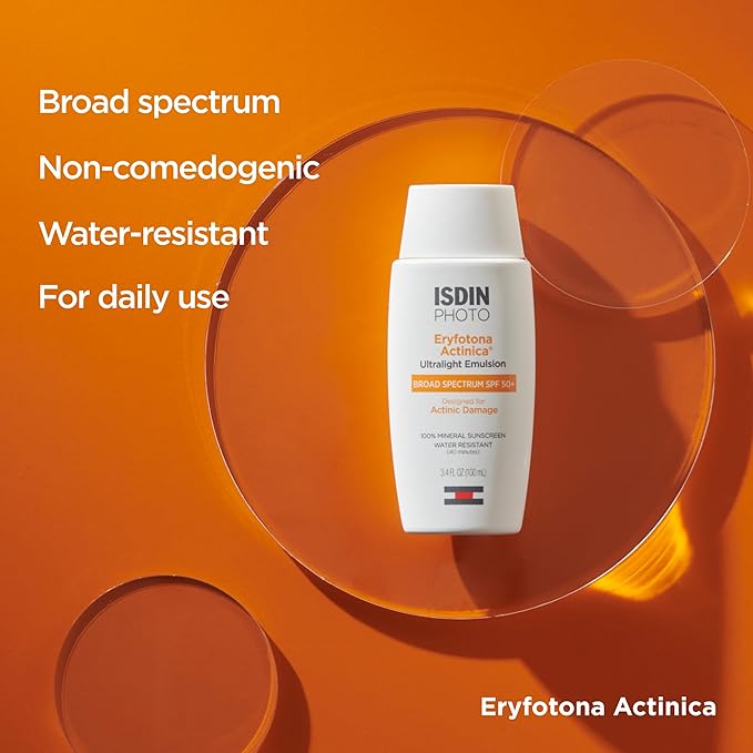 ISDIN Eryfotona Actinica Zinc Oxide sunscreen with 100% mineral UV filter Broad Spectrum SPF 50, No White Cast, Suitable for Sensitive Skin, 3.4 Fl Oz